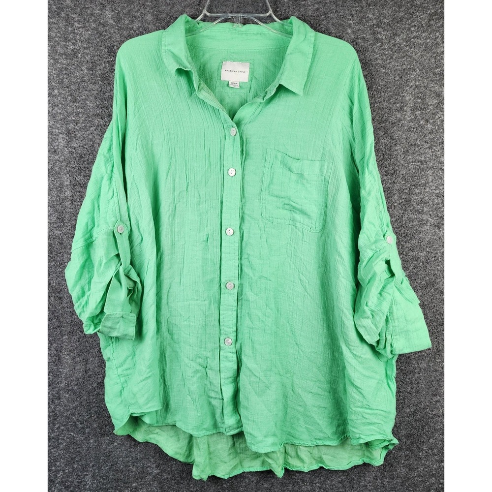 American Eagle Button Down Womens M Green Oversized Roll Tab Sleeve EUC